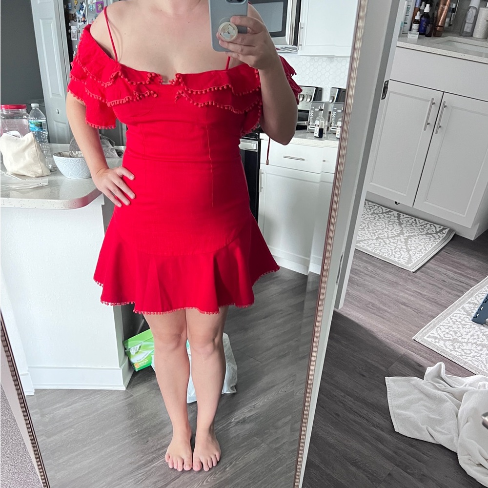 White Closer Red Off-Shoulder Dress with Pom-Pom Trim